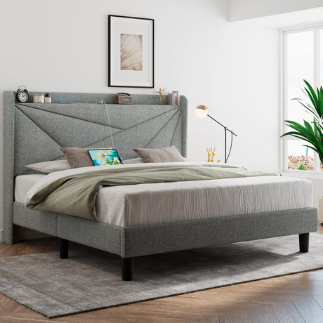 Queen Size Bed Frame with Type-C & USB Ports, Upholstered Platform Bed Frame