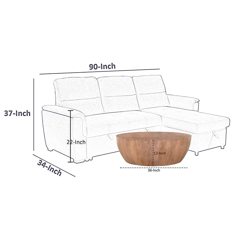 Drum Shape Wooden Coffee Table with Plank Design Base, Distressed Brown