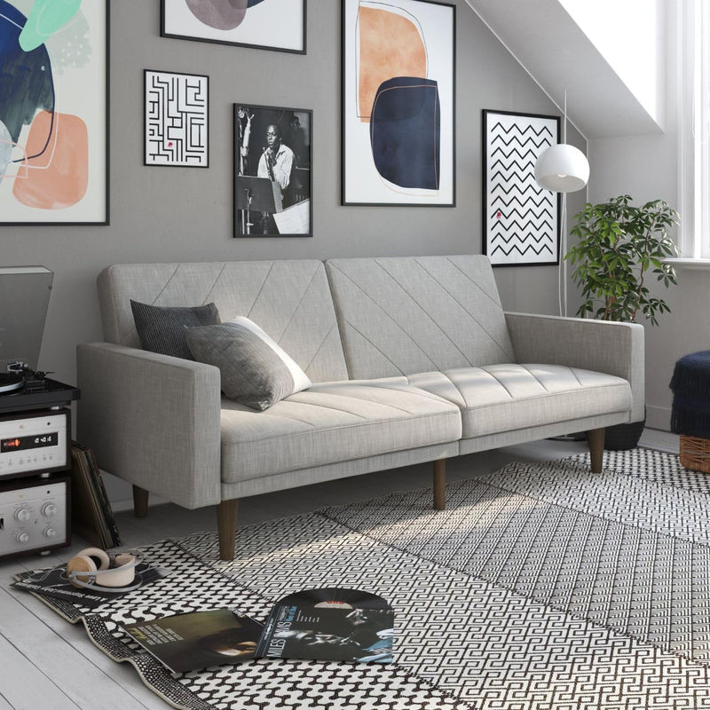 Paxson Convertible Futon Couch Bed with Linen Upholstery and Wood Legs - Light Gray