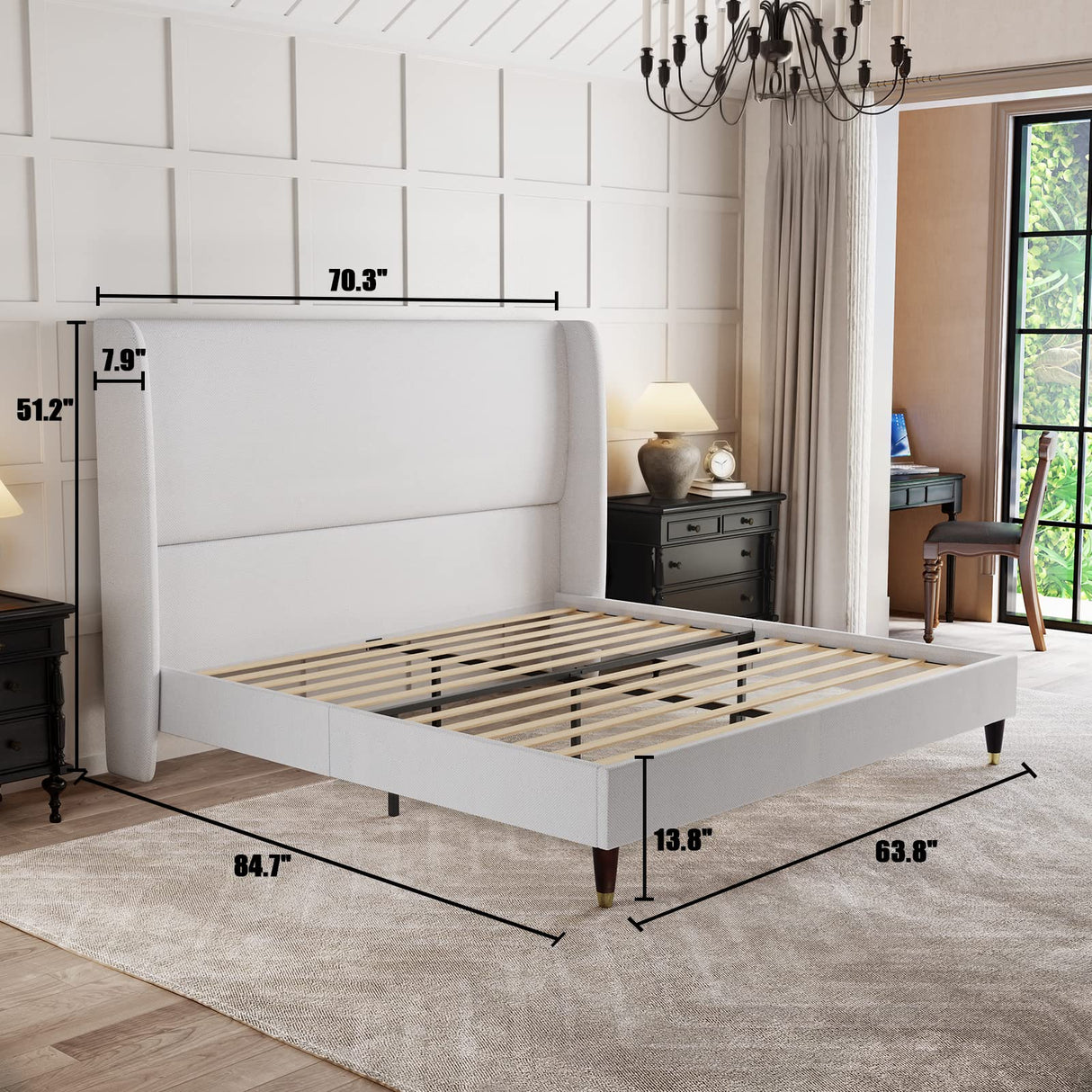 Queen Platform Bed Frame 51.2" High Headboard Tall Upholstered Bed/No Box Spring