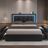 Queen LED Bed Frame with 4 Drawers and USB Ports Modern Faux Leather Upholstered