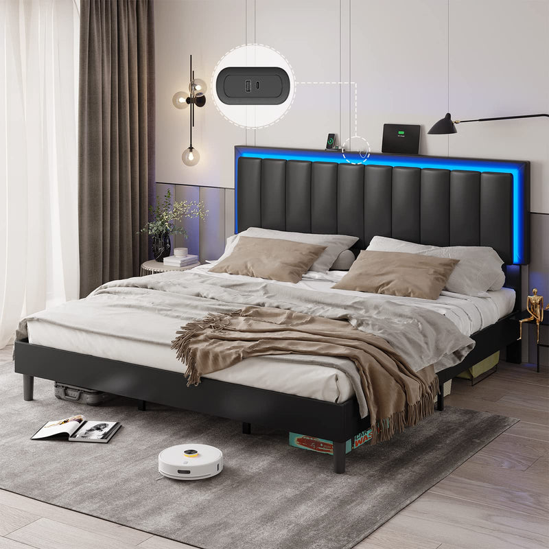 King Bed Frame with Headboard and LED Light,Vegan Leather Upholstered King Size Platform Bed