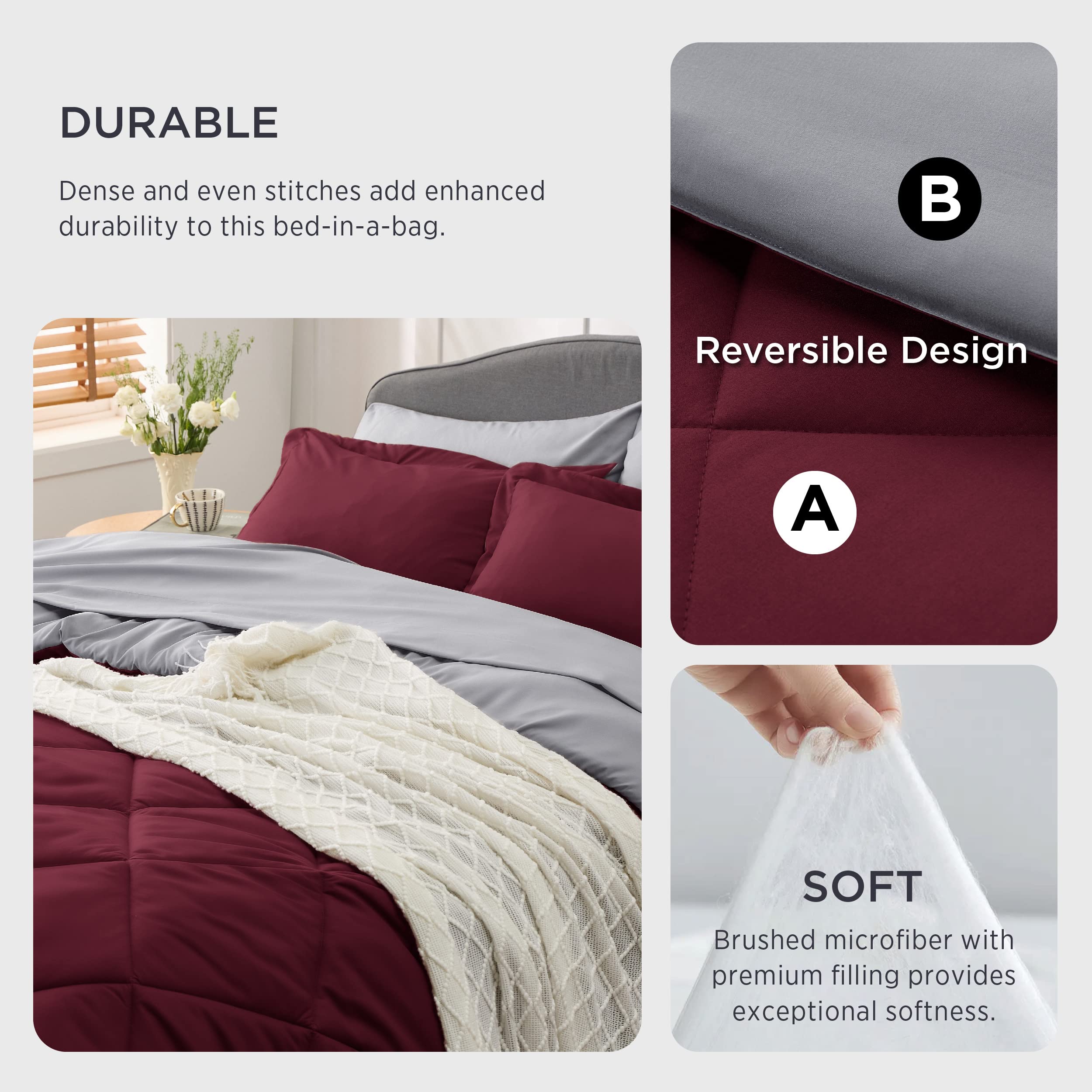 Burgundy Queen Comforter Set - 7 Pieces Reversible Queen Bed in a Bag Queen Bed Set