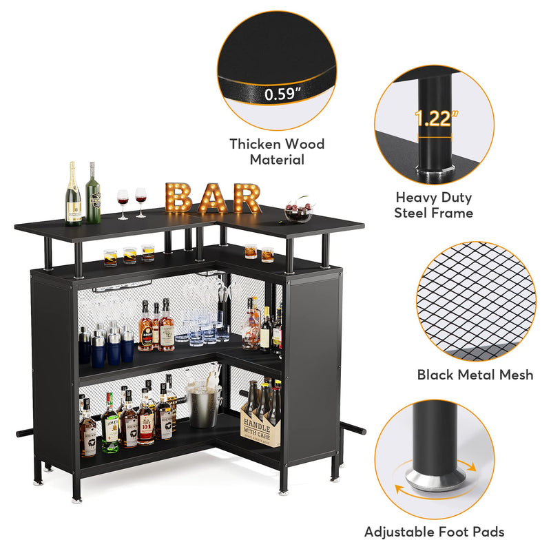 Home Bar Unit, L-Shaped Liquor Bar Table with Stemware Racks and 2-Tier Shelves