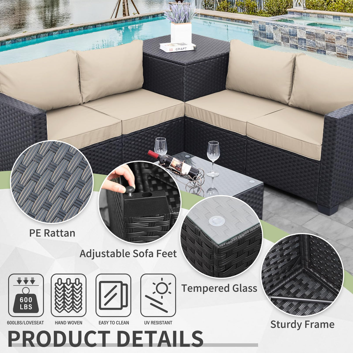 Outdoor PE Wicker Patio Furniture Set 4 Piece Black Rattan Sectional Sofa Conversation