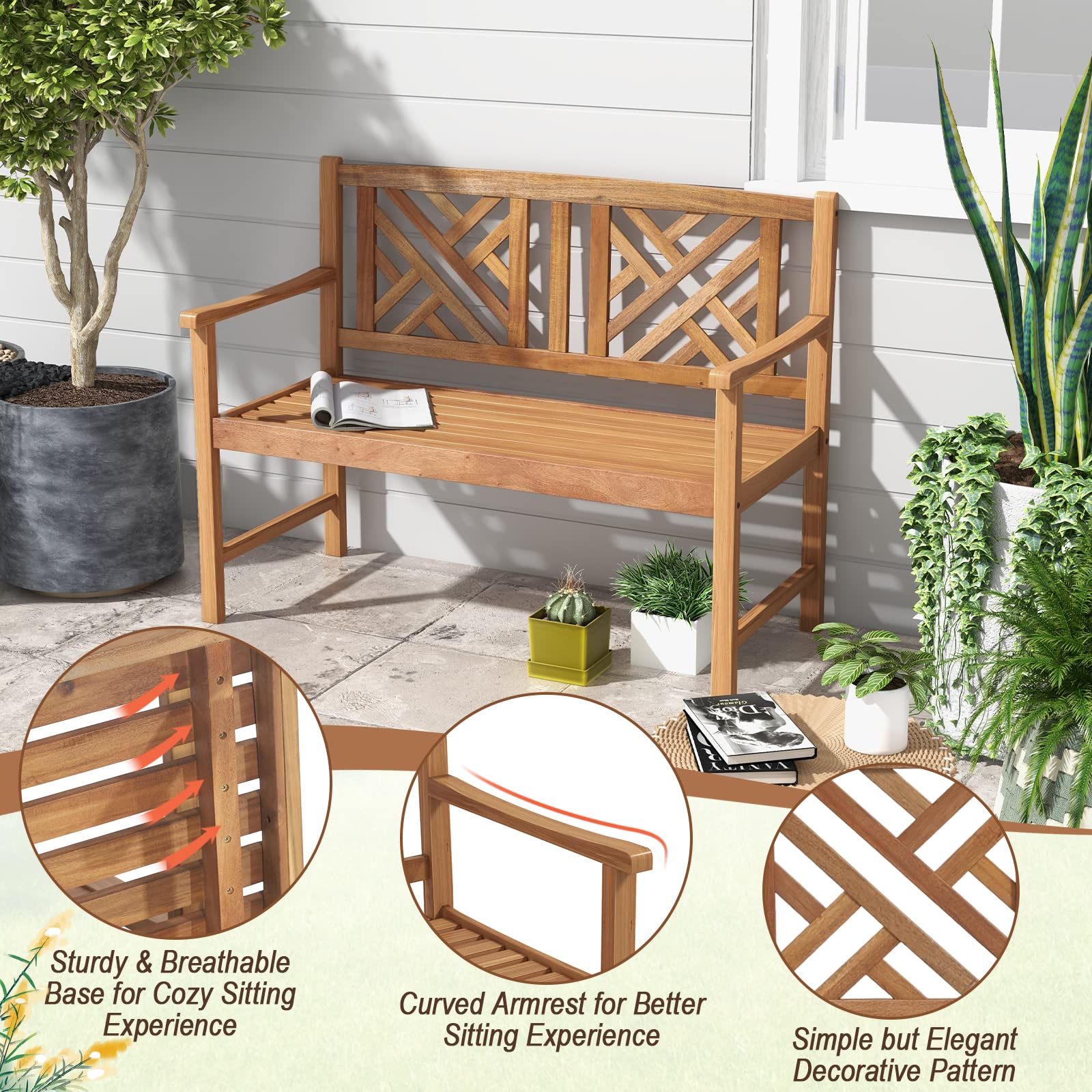 Wooden Garden Bench - 2-Person Acacia Wood Bench, Outside Slats Loveseat