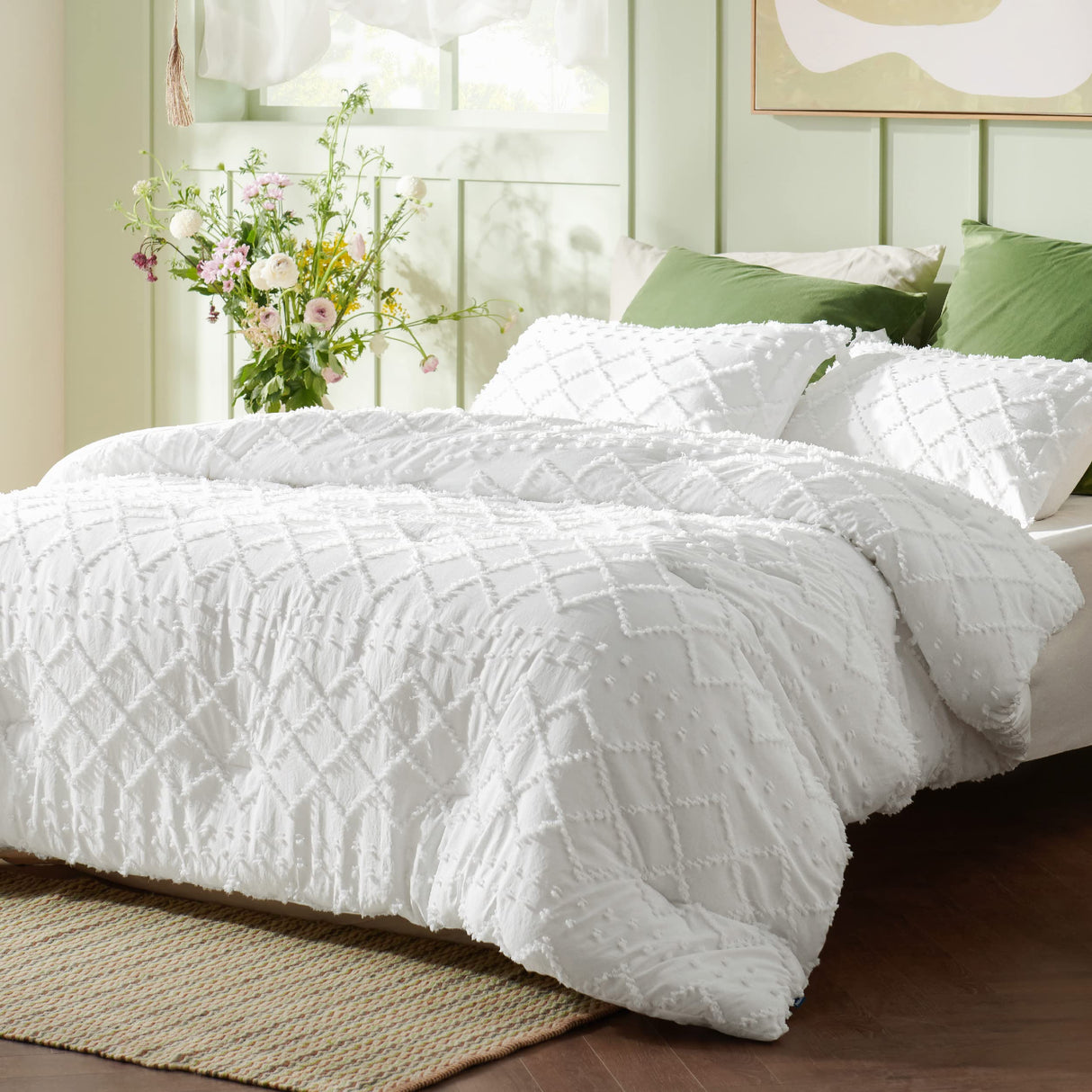 Boho Comforter Set  - White Tufted Shabby Chic Bedding Comforter Set