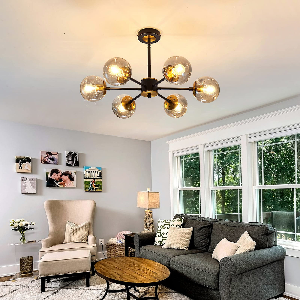 6 Light Chandelier, Large Ceiling Light Fixture with Glass Classic