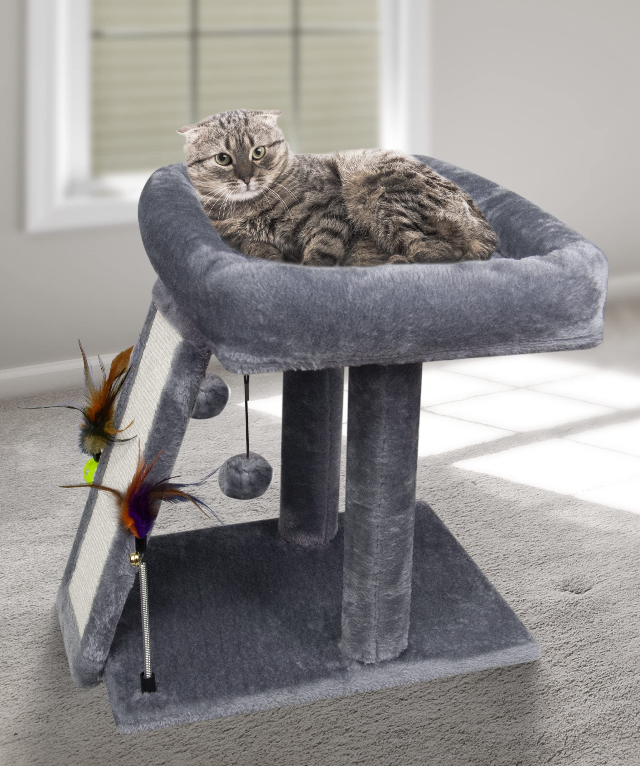 Cat Tree with Cat Condo Scratch Post Hammock Hanging Ball
