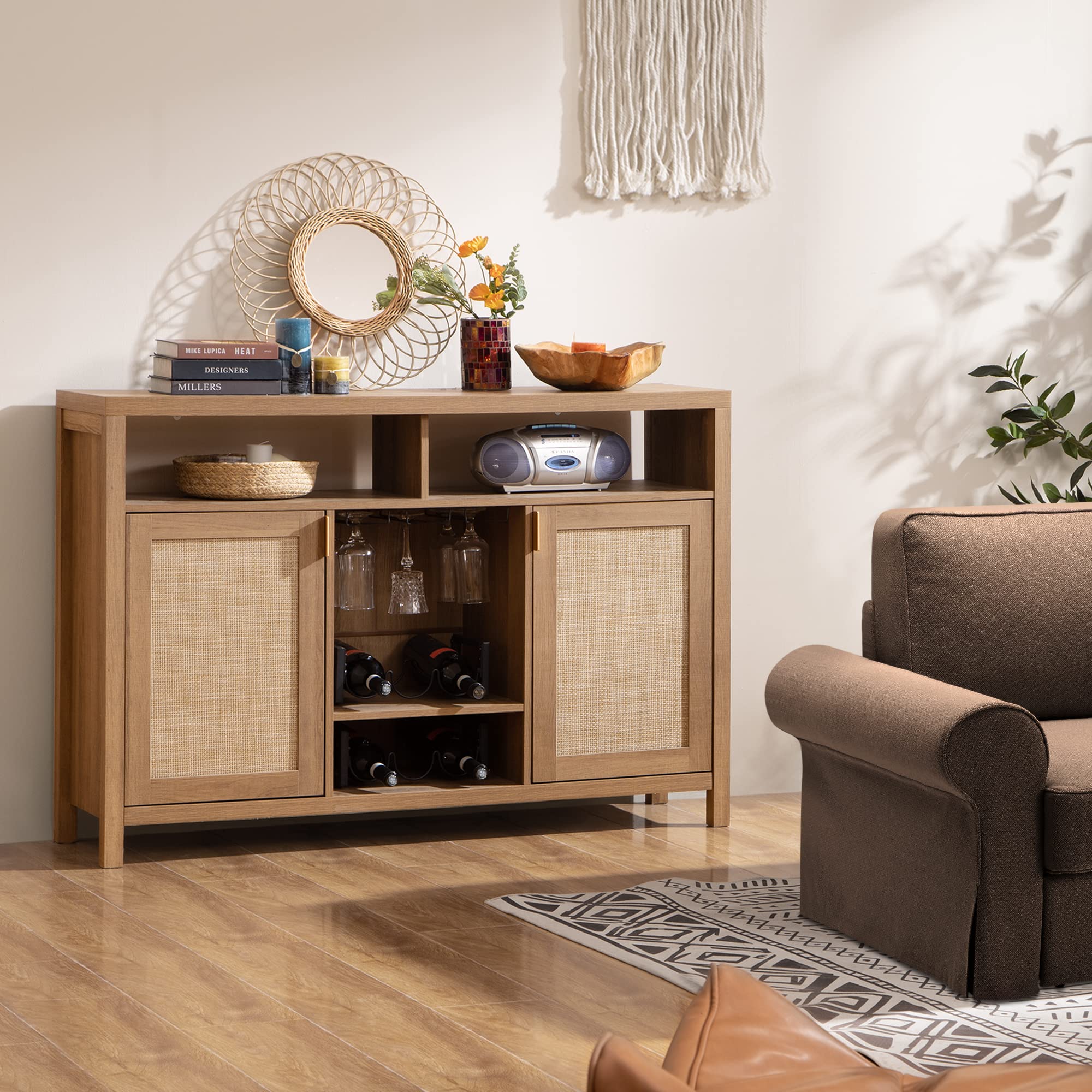 Coffee Bar Cabinet, 51" Rattan Sideboard Buffet Cabinet with Storage