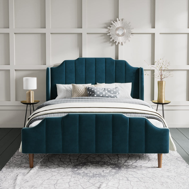 Upholstered Queen Size Bed Frame with Modern Curved Velvet Wingback Headboard