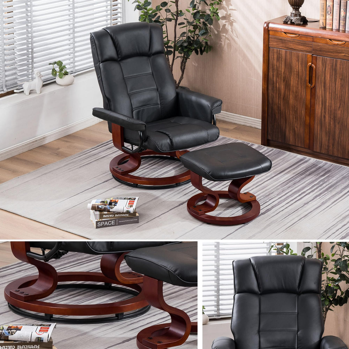 Swiveling Recliner Chair with Wrapped Wood Base and Matching Ottoman Footrest, Furniture Casual Chair