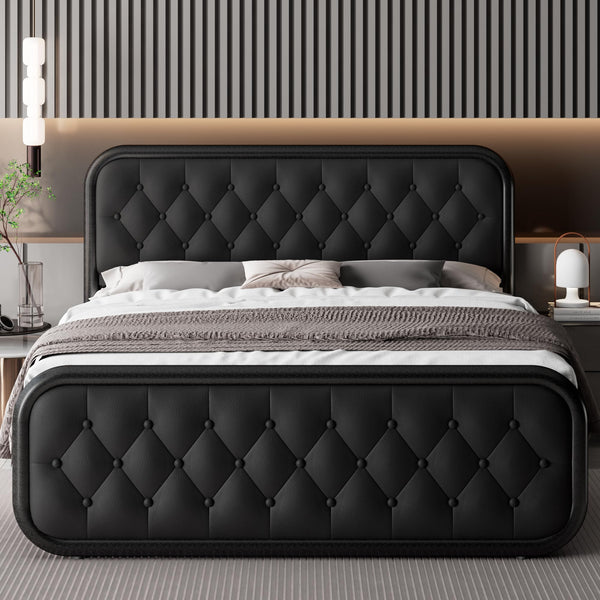 Full Size Bed Frame, Heavy Duty Bed Frame with Faux Leather Headboard, Upholstered