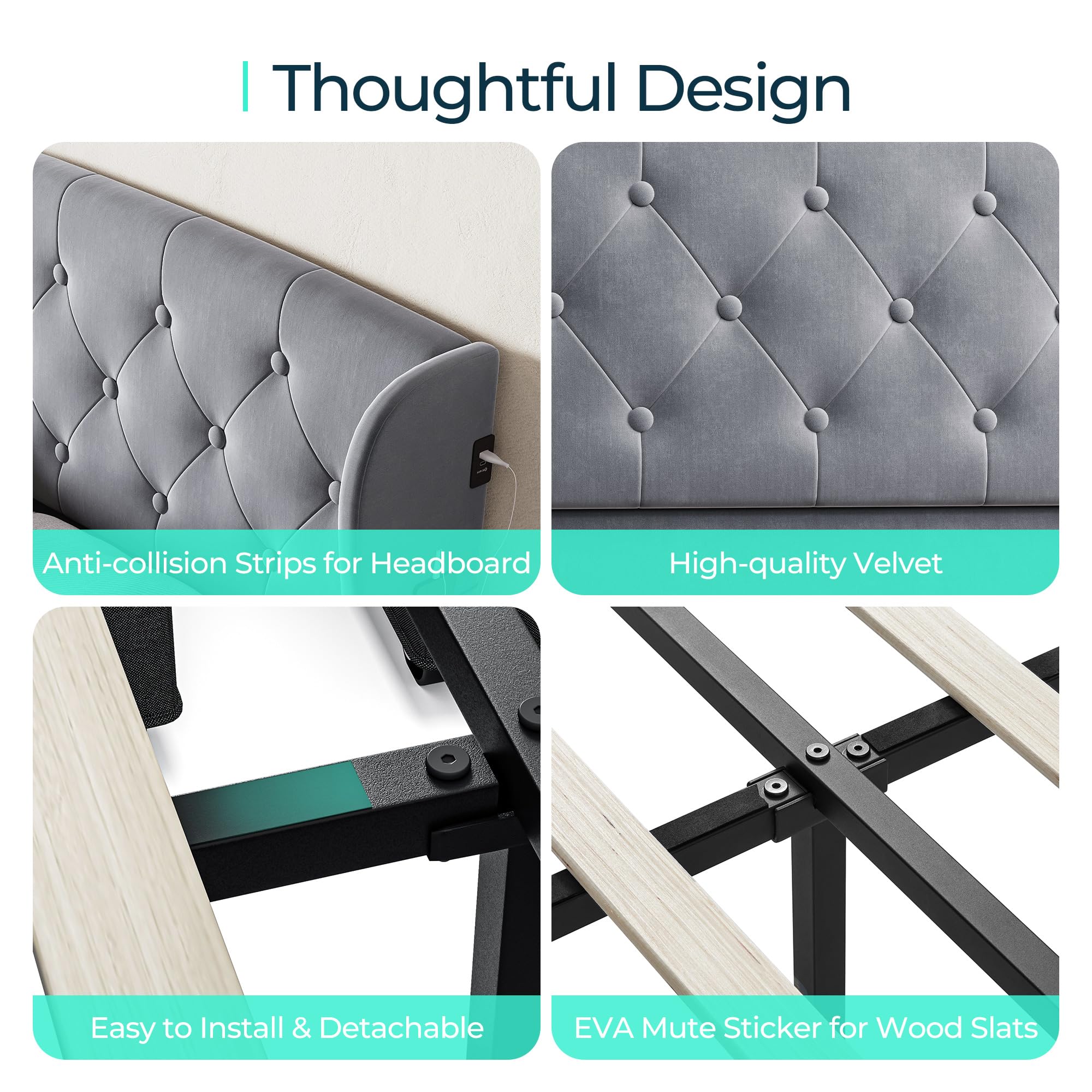 Queen Bed Frame with Headboard & 4 Drawers, Velvet Upholstered Bed Frame