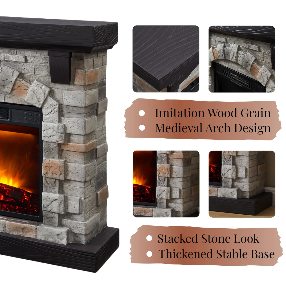 Electric Fireplace with Mantel, 40”W Faux-Stone Fireplace Mantel