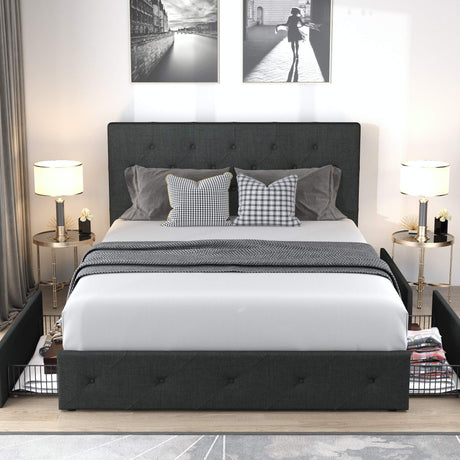 Upholstered Full Size Platform Bed Frame with 4 Storage