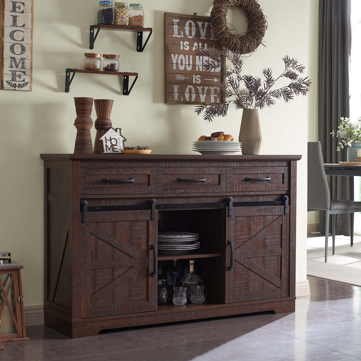 Farmhouse Buffet Cabinet, 53” Sideboard Cabinet w/3 Drawer