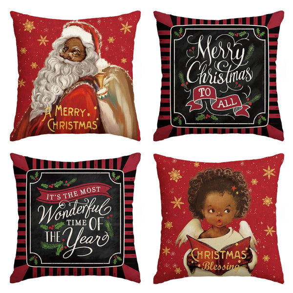 Merry Christmas Black Santa Claus Girl Throw Pillow Cover,  Winter Holiday