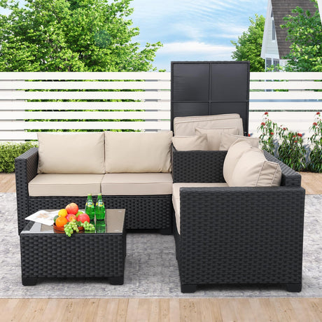 Outdoor PE Wicker Patio Furniture Set 4 Piece Black Rattan Sectional Sofa Conversation