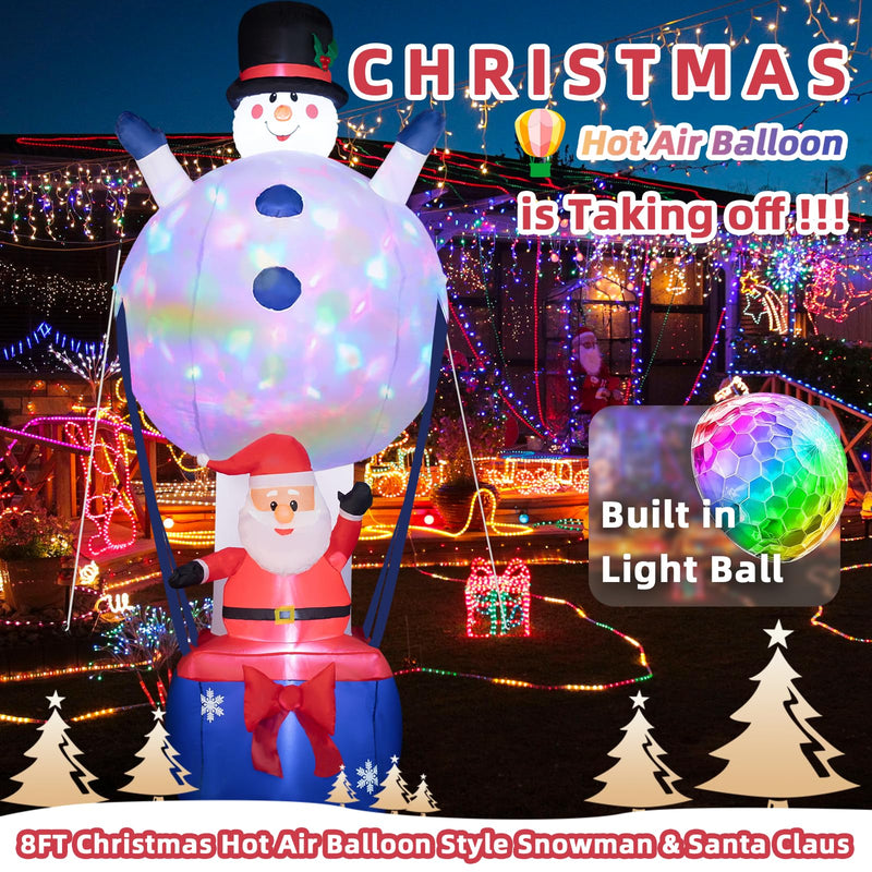 8ft Christmas Inflatable Decoration - Snowman Hot Air Balloon with Santa Claus Xmas