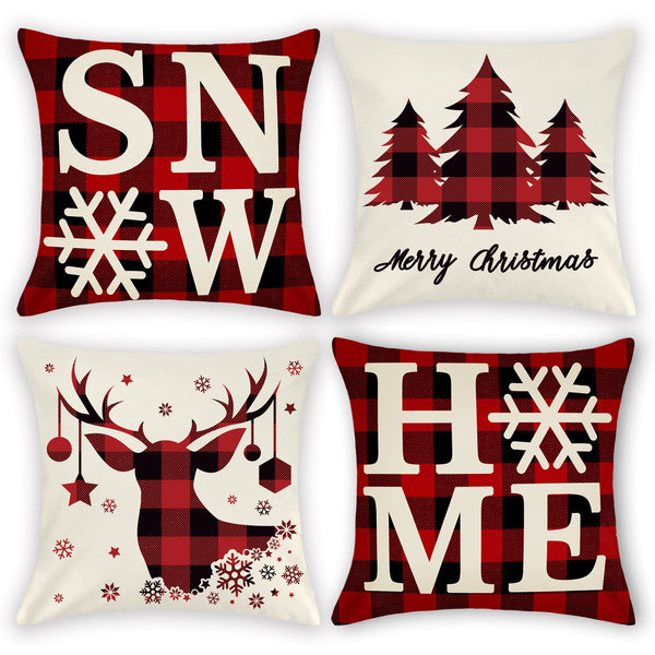 Christmas Decorations Pillow Covers 18x18 Set of 4, Red Black Buffalo Plaids Christmas