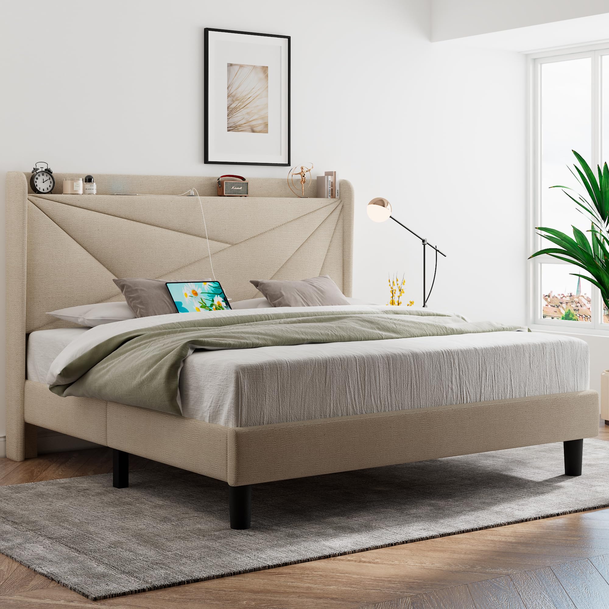 Queen Size Bed Frame with Type-C & USB Ports
