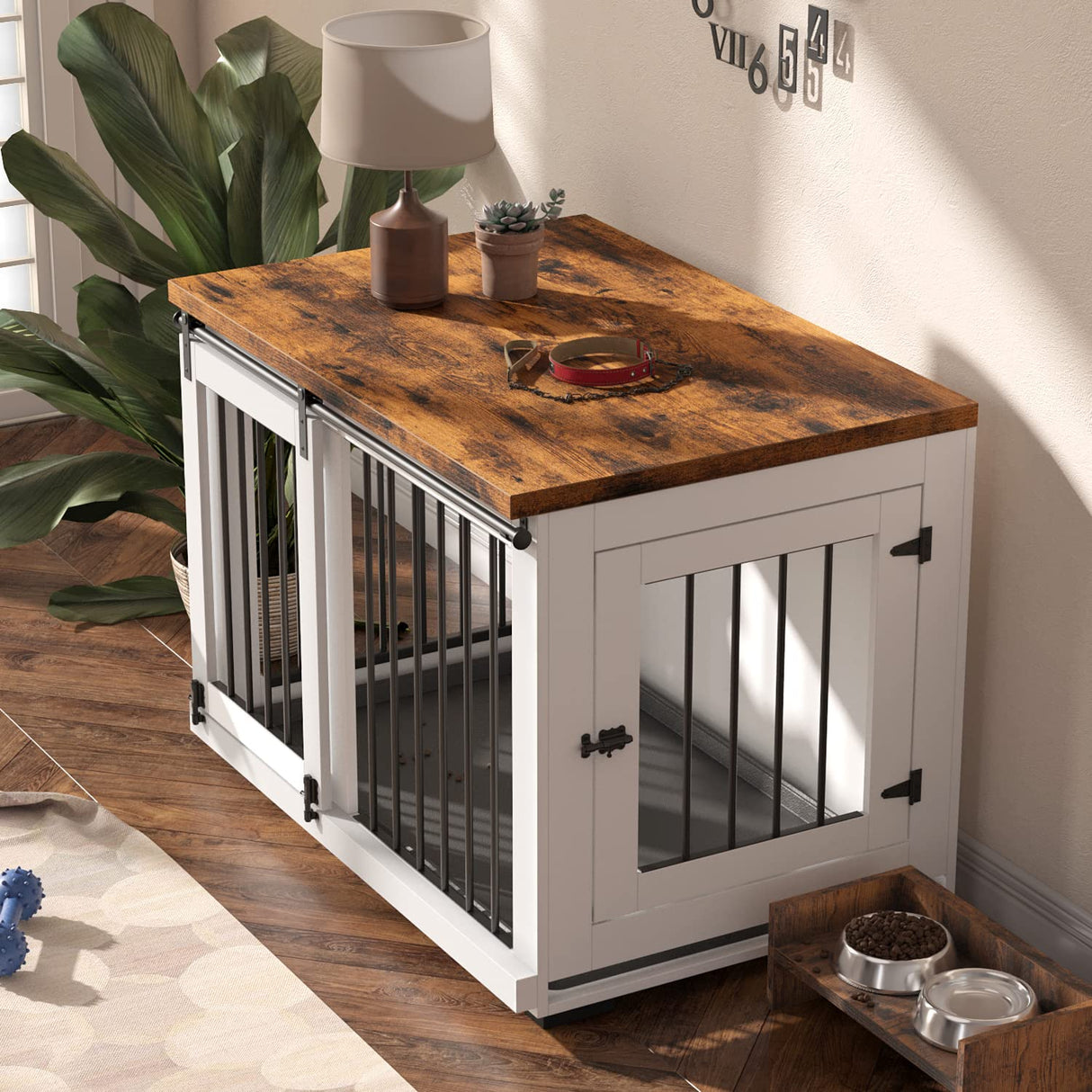 Dog Crate Furniture for Large Dogs Up to 60 lbs. - Barn Door Puppy Kennel w/Thickened