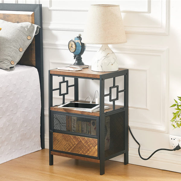 End Table with Charging Station, Industrial Side Table with USB Ports and Outlets, Bedside Tables with Door, 3-Tier Nightstand
