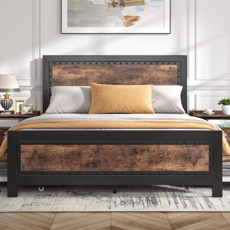 Queen Size Bed Frame with 4 Storage Drawers, Rivet Modern Headboard and Footboard