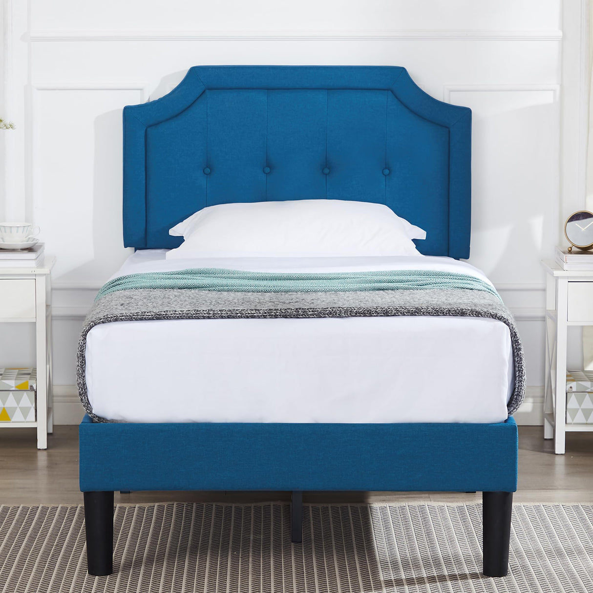 Twin Upholstered Platform Bed Frame with Adjustable Diamond Stitched Panel