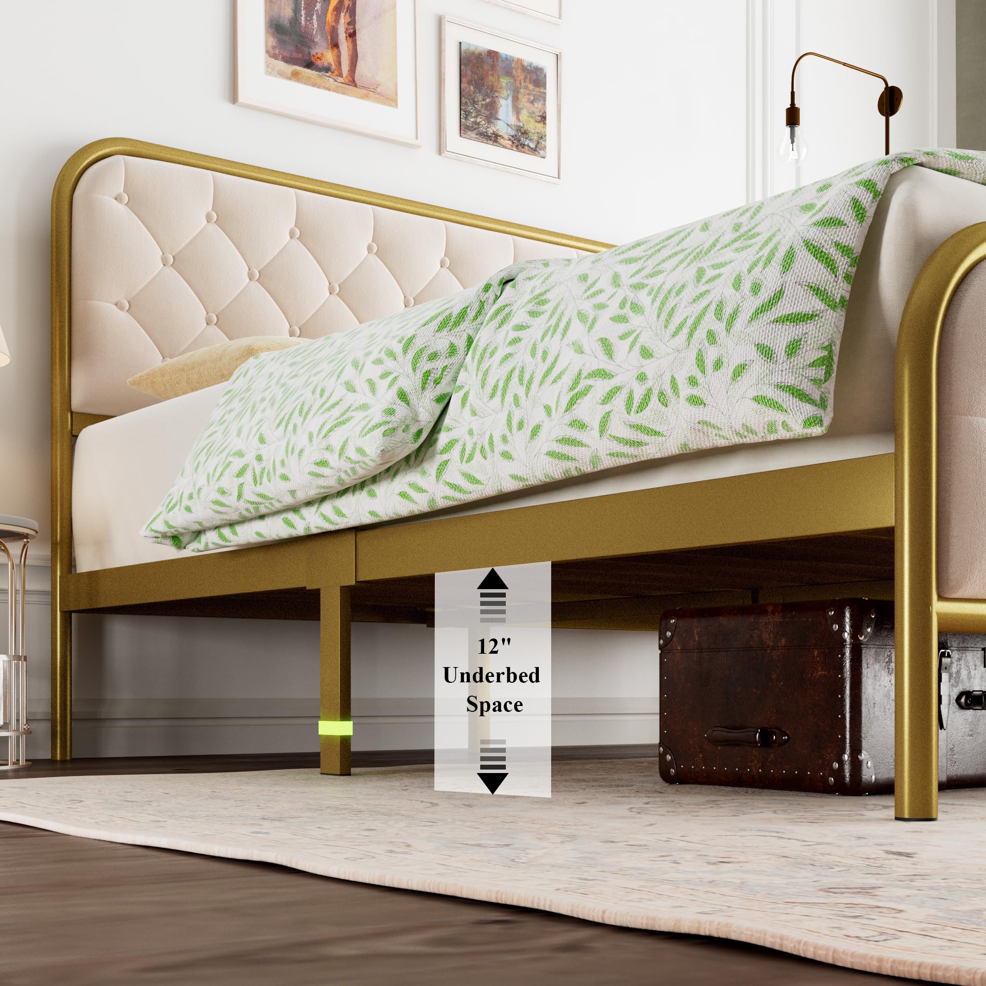 Full Size Bed Frame, Upholstered Bed Frame with Diamond Tufted Headboard