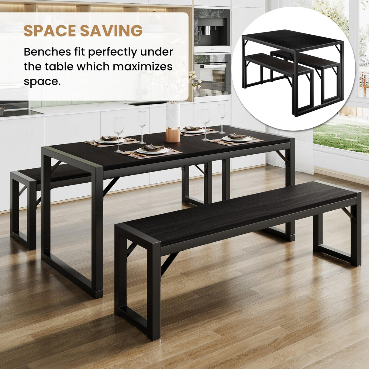 Dining Table Set with Two Benches, Rustic Kitchen Table Set for 4 People, Space-Saving