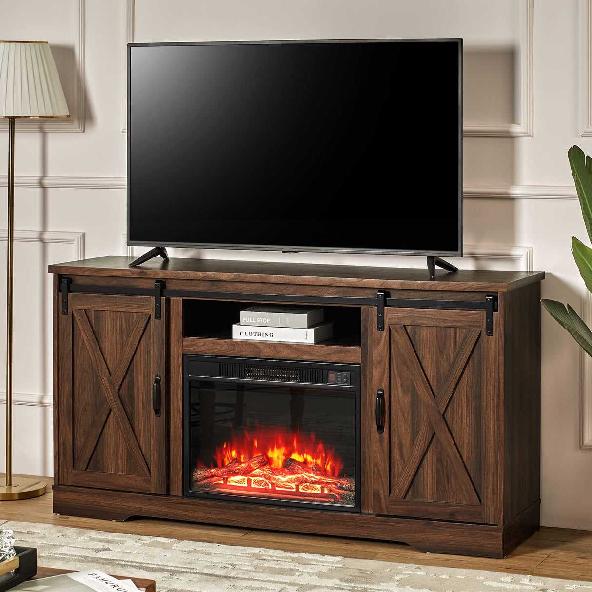 Fireplace TV Stand Sliding Barn Door Farmhouse