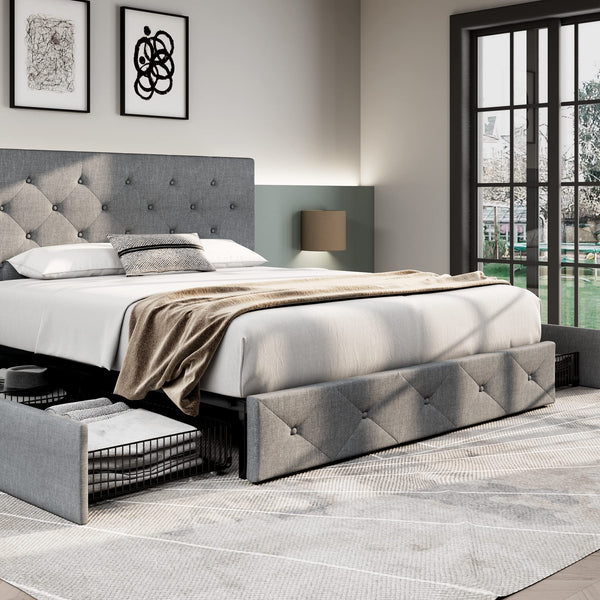 Upholstered Queen Size Platform Bed Frame with 4 Storage Drawers