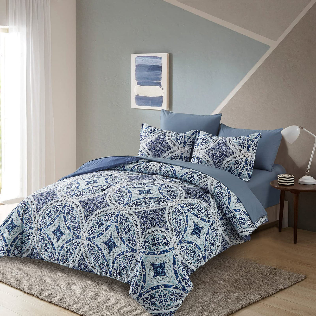 Blue Boho Queen Comforter Set 7 Pieces, Bohemian Bed in a Bag Queen