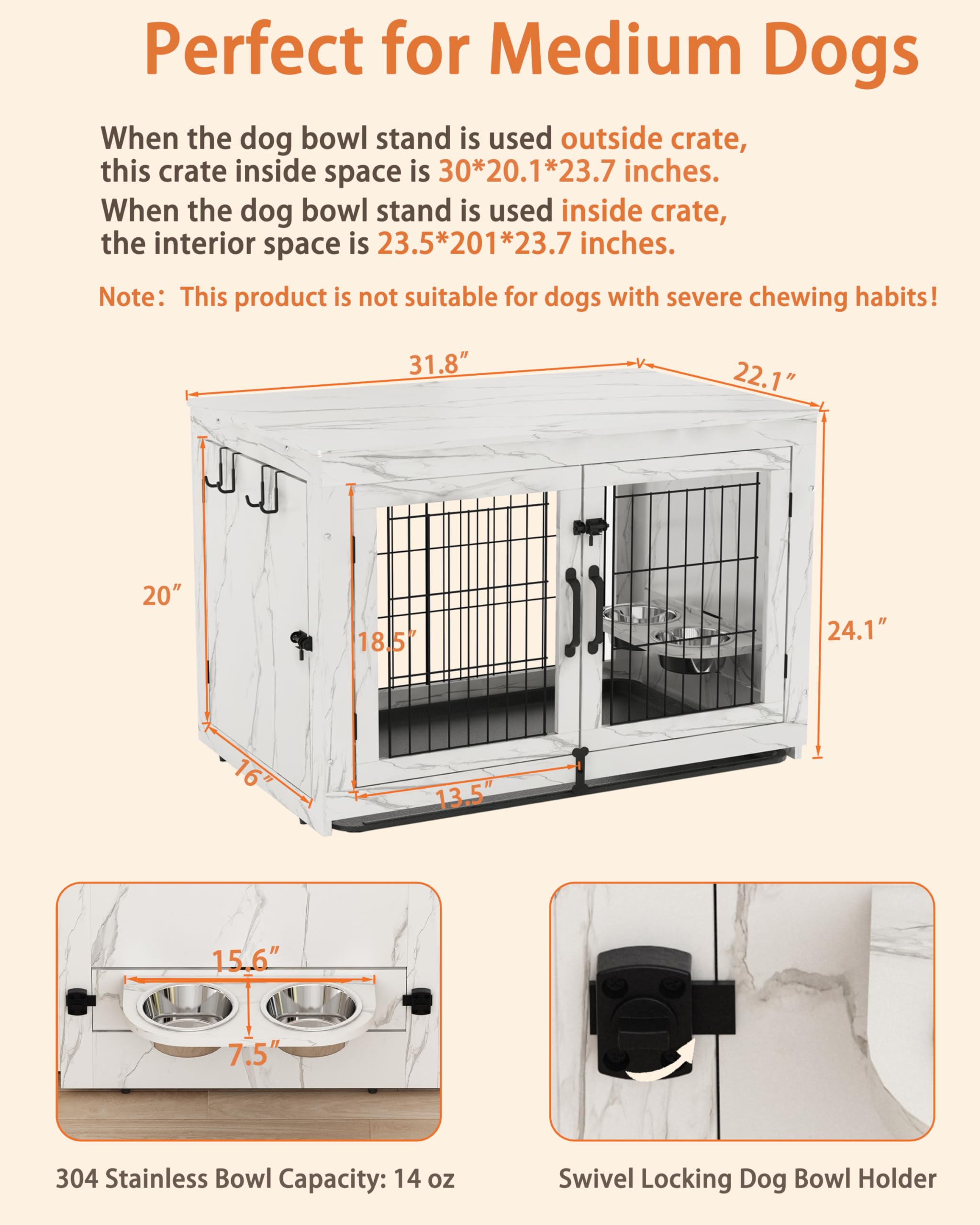 Wooden Dog Crate Furniture with 360°Rotatable Removable Dog Bowls, Dog Crate