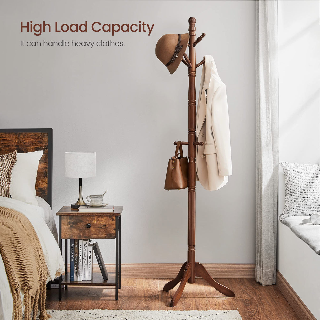 Solid Wood Coat Rack/Stand, Free Standing Hall Coat Tree with 10 Hooks