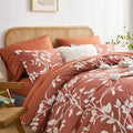 Queen Comforter Set 7 Piece Bed in a Bag, White Leaves Printed on Terracotta Botanical)