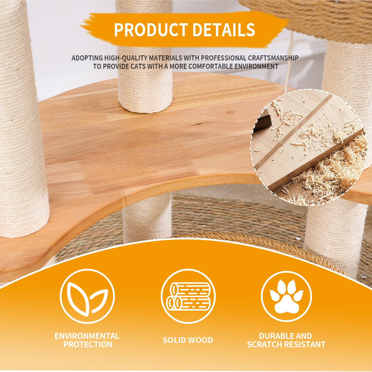 54" Modern Cat Tree Tower for Indoor Cats, Solid Oak Cat Scratching Tree