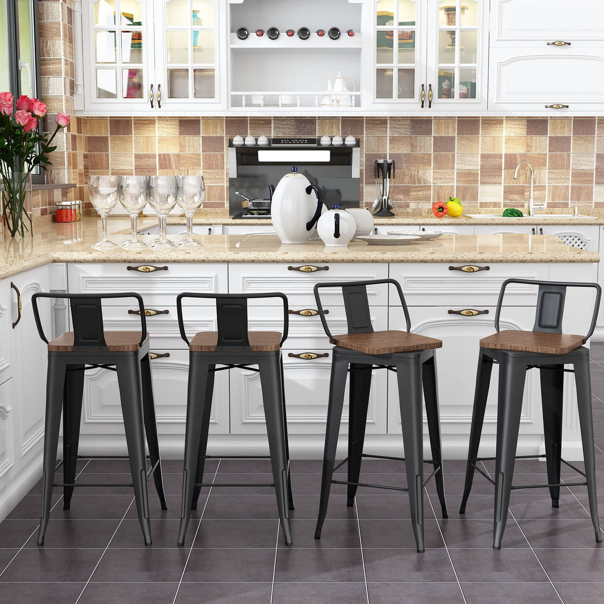 24 Inch Swivel Bar Stools Set of 4 Counter Height Stools Industrial Metal Barstools