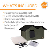 Outdoor Heated Cat House Extra-Wide Olive/Black 26.5 X 15.5 X 21.5 Inches