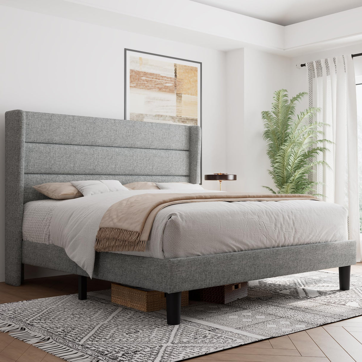 Queen Bed Frame, Upholstered Platform Bed Frame with Wingback, Wood Slats Support