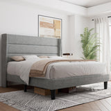 Queen Bed Frame, Upholstered Platform Bed Frame with Wingback, Wood Slats Support