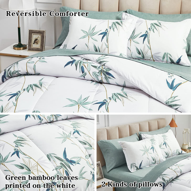 7 Pieces Bed in a Bag King Comforter Set with Sheets, Green Leaves on White Botanical