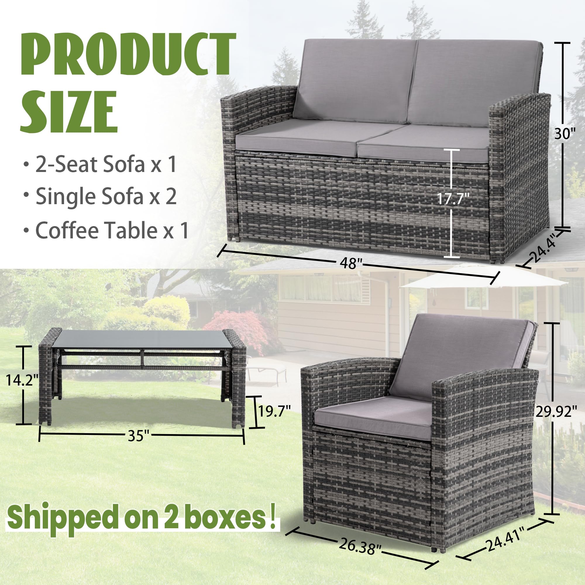 4 Pieces Patio Conversation Set, Outside Rattan Sectional Sofa