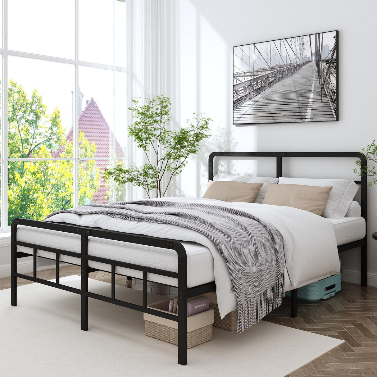 Queen Size Metal Bed Frame with Headboard and Footboard, 14 Inch Black Heavy Duty Mattress