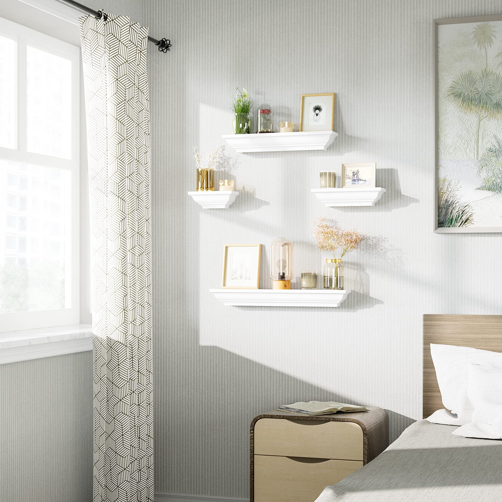 White Floating Shelves, 24 Inch Solid Wood Storage Wall Shelves Set of 4 Display