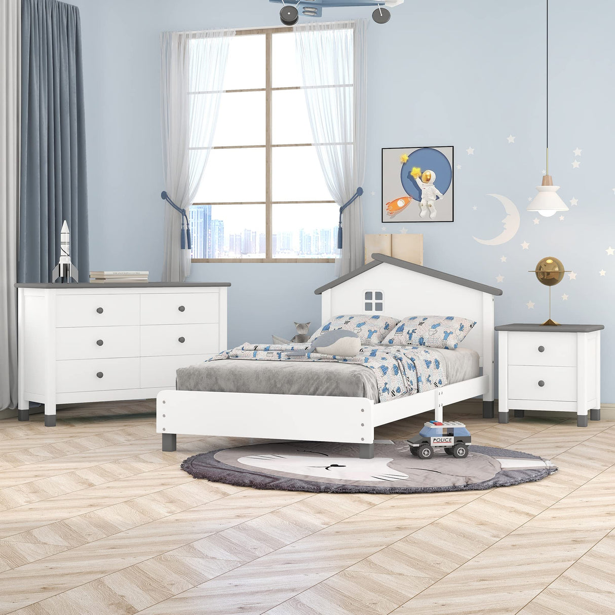 White+Gray 3 Pieces Modern Rustic Wood Furniture Kids House Bed Frame