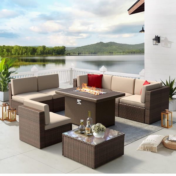 Patio Furniture Set 8PCS with 43" Fire Pit Table Outdoor Sectional Sofa Set
