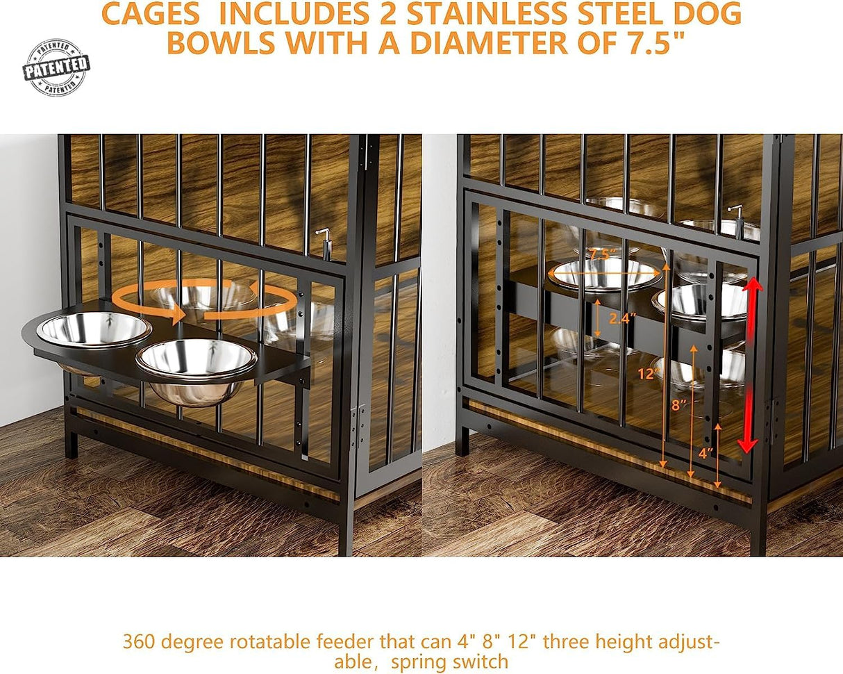 Furniture Style Large Dog Crate with 360° & Adjustable Raised Feeder for Dogs